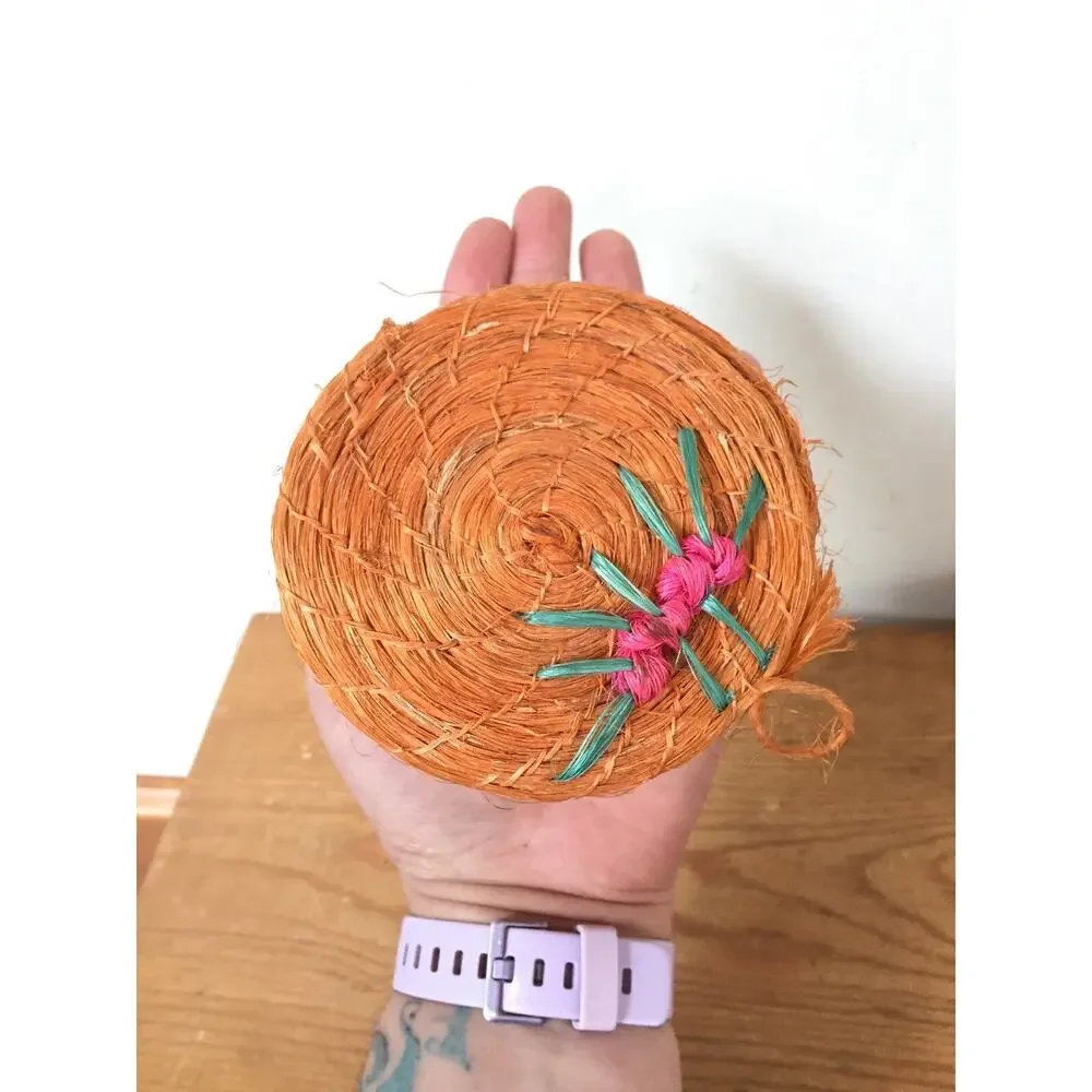 Set 3 Vintage Asian Handmade Woven Orange Straw Nesting Decorative Baskets 3.5